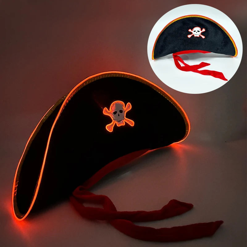 Adults Black Pirate Hats with Skull Pattern Halloween LED
