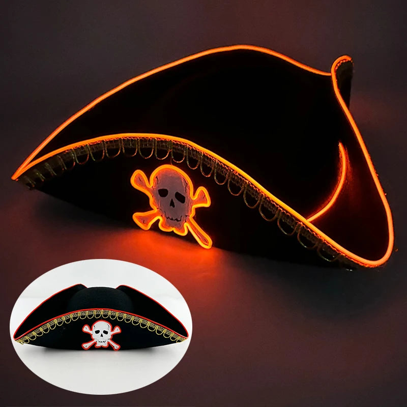 Adults Black Pirate Hats with Skull Pattern Halloween LED
