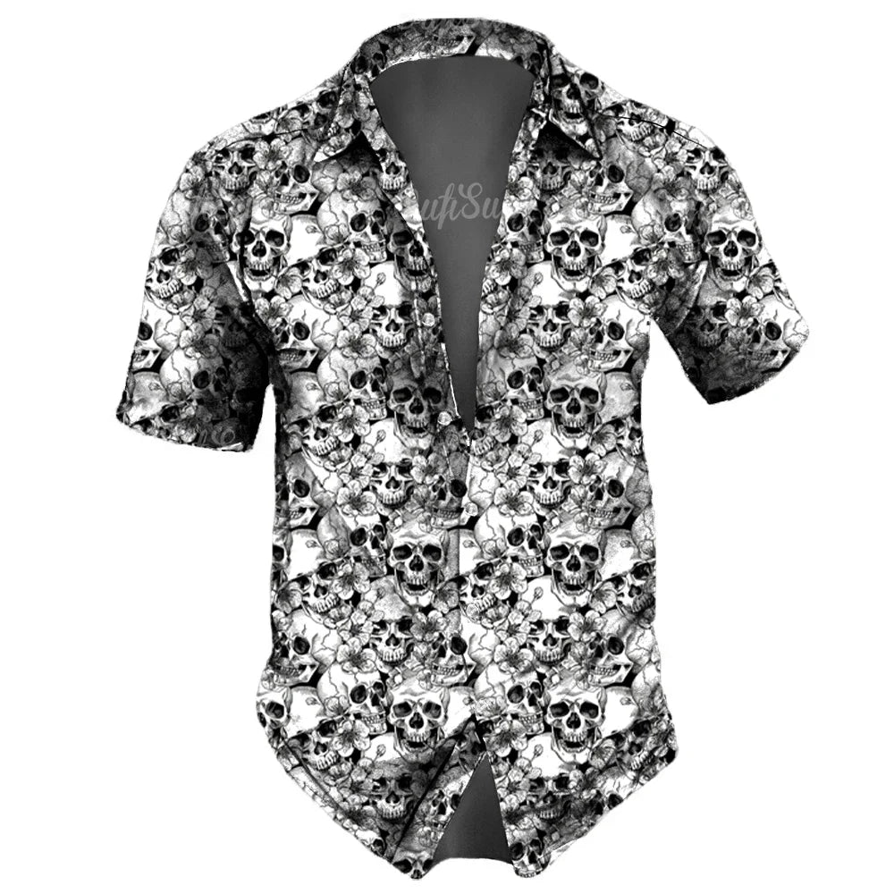 Men's casual Hawaiian lapel 3D horror skull