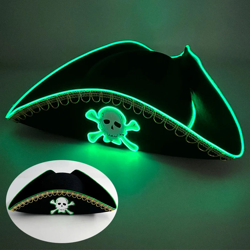 Adults Black Pirate Hats with Skull Pattern Halloween LED