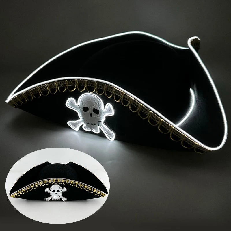 Adults Black Pirate Hats with Skull Pattern Halloween LED