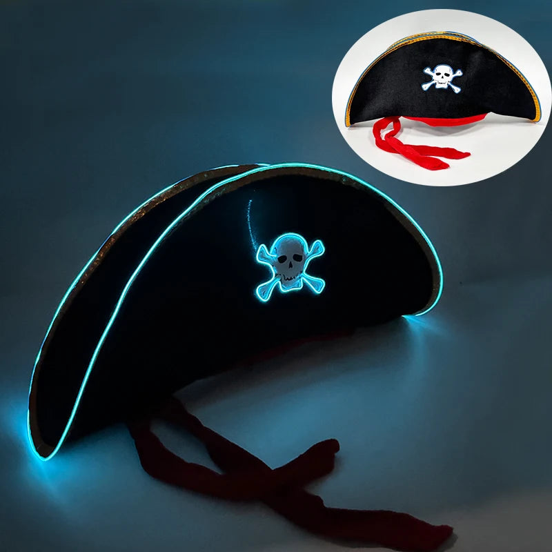 Adults Black Pirate Hats with Skull Pattern Halloween LED