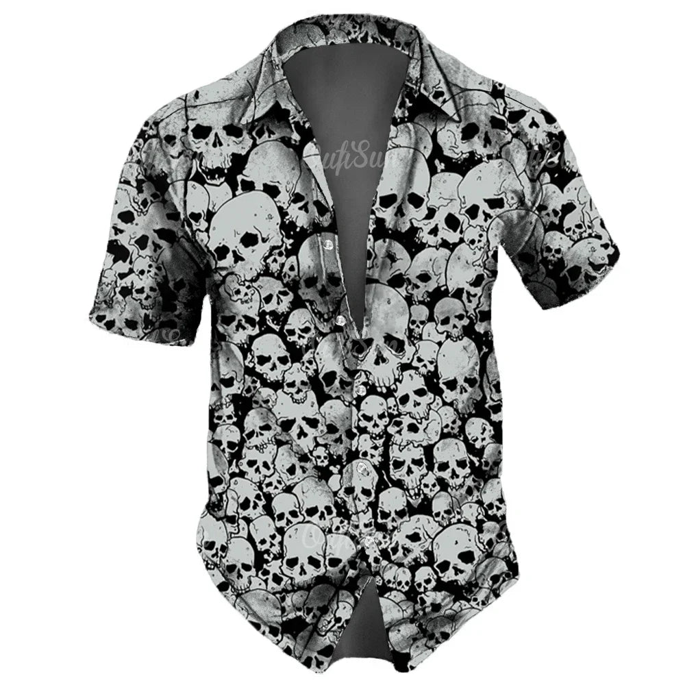 Men's casual Hawaiian lapel 3D horror skull retro