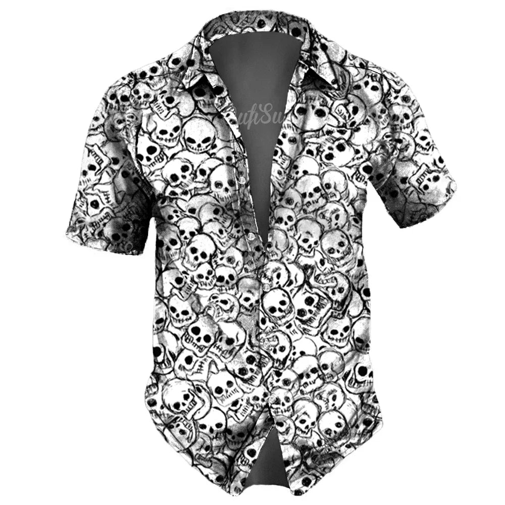 Men's casual Hawaiian lapel 3D horror skull