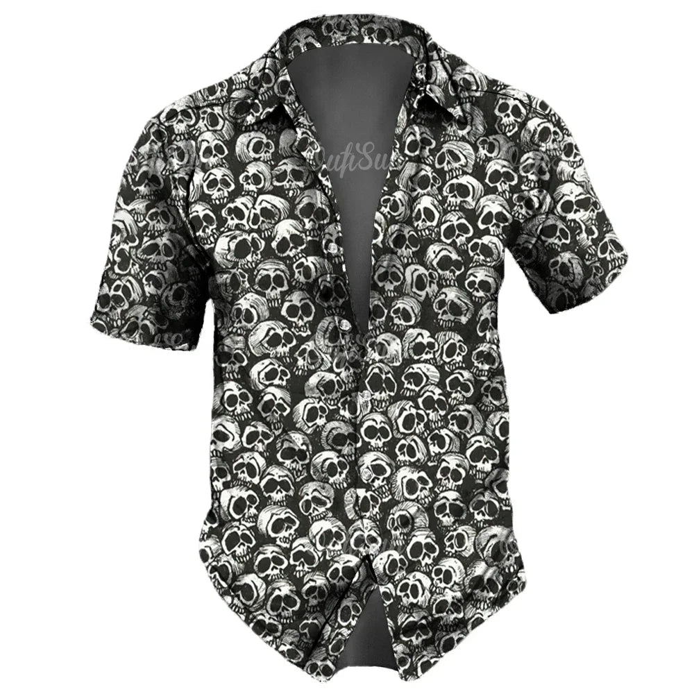 Men's casual Hawaiian lapel 3D horror skull retro