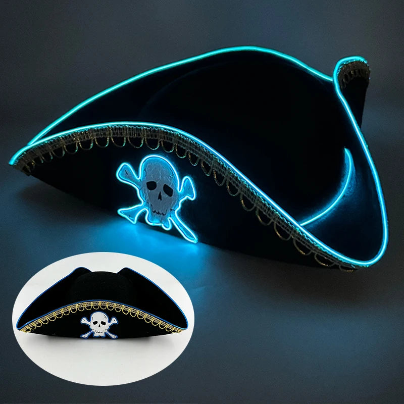Adults Black Pirate Hats with Skull Pattern Halloween LED