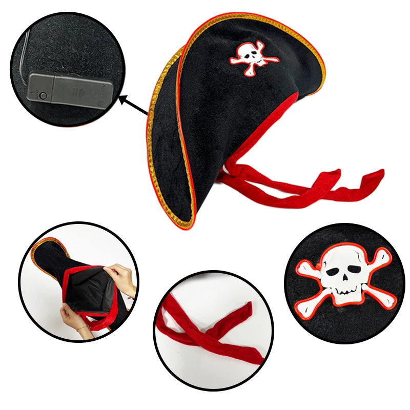 Adults Black Pirate Hats with Skull Pattern Halloween LED
