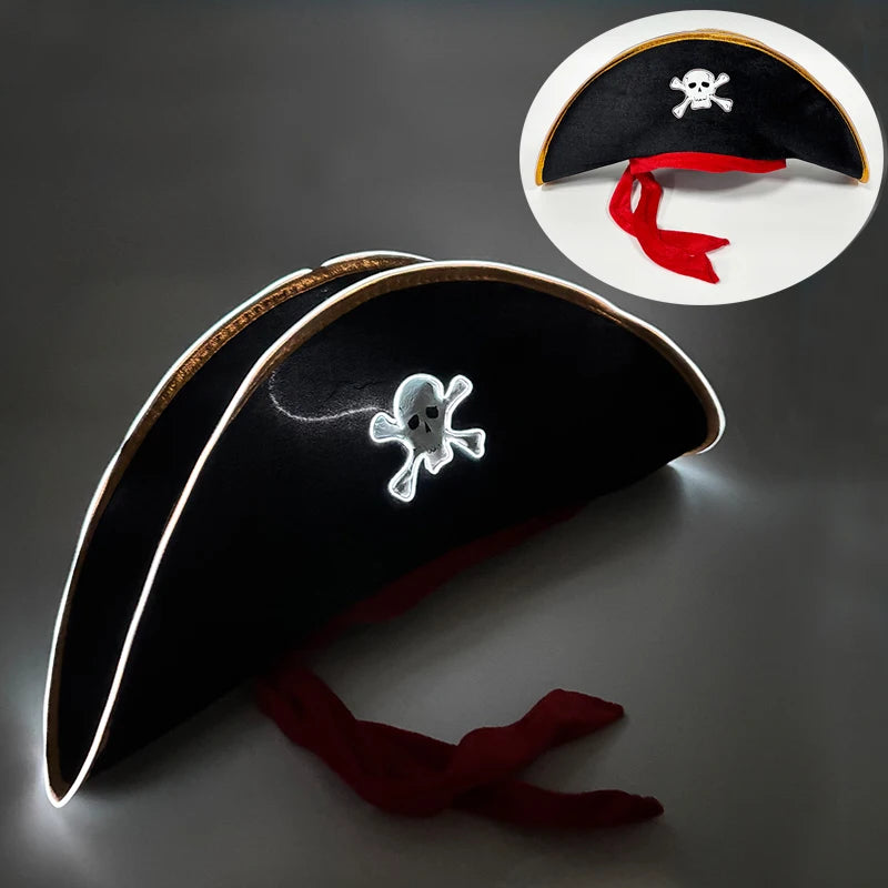 Adults Black Pirate Hats with Skull Pattern Halloween LED
