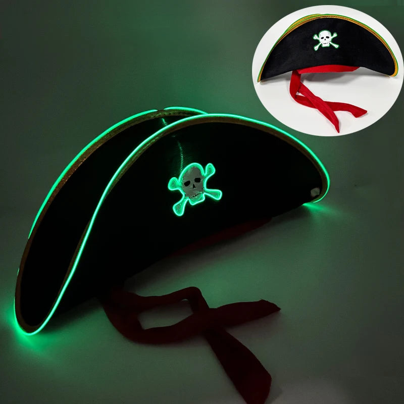 Adults Black Pirate Hats with Skull Pattern Halloween LED