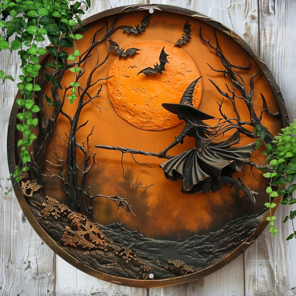 Spooky Charm: 8x8 Inch Round Aluminum Sign Featuring Witch on a Broom – High-Quality