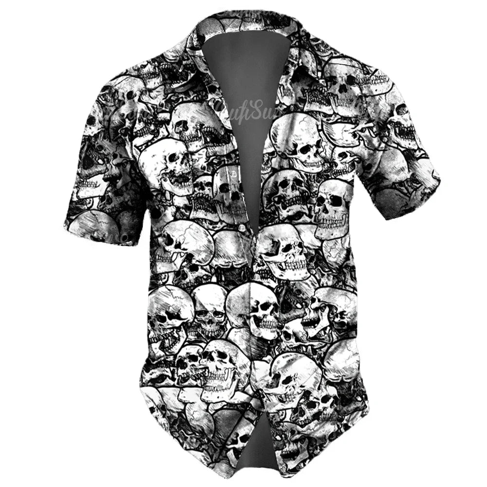 Men's casual Hawaiian lapel 3D horror skull