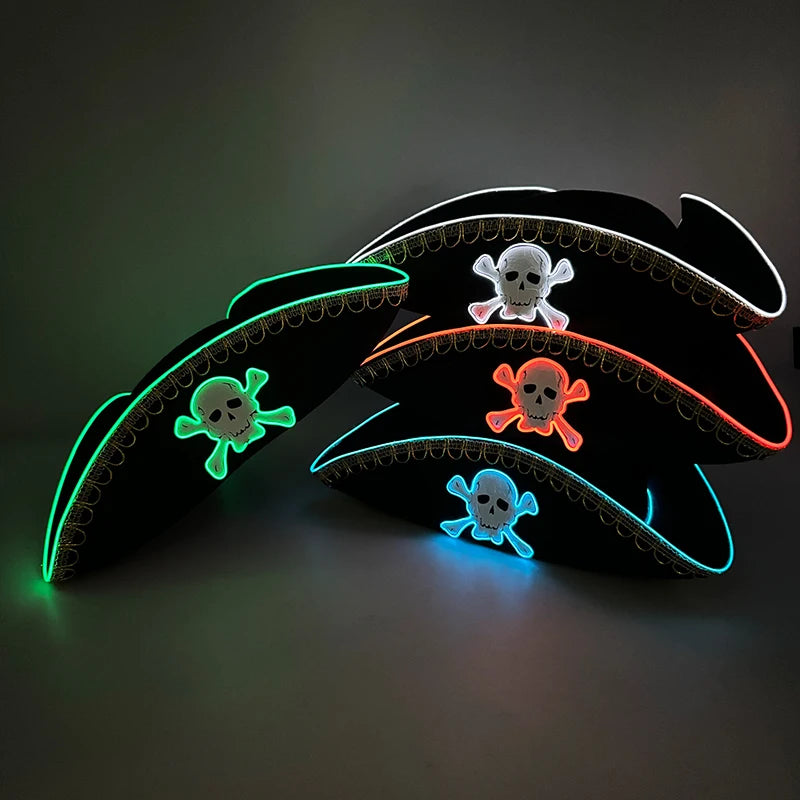 Adults Black Pirate Hats with Skull Pattern Halloween LED